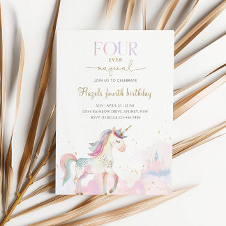 Four Ever Magical Pastel Unicorn 4th Birthday Invitation