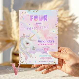 FOUR ever Magical Rainbow Unicorn Gold Birthday Invitation
