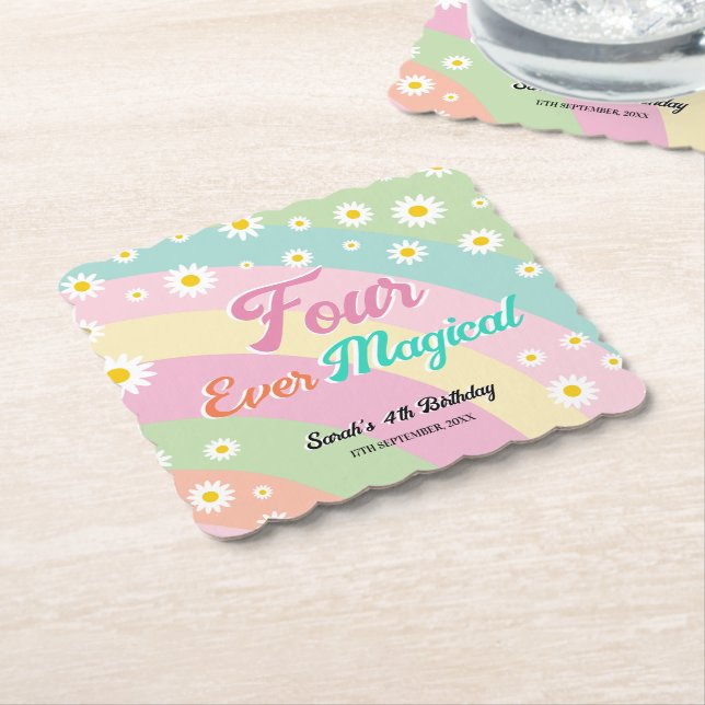 Four Ever Magical Unicorn Fourth Birthday Paper Coaster (Angled)