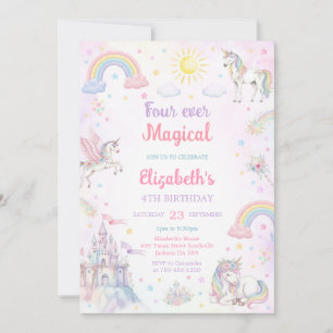 Four Ever Magical Unicorn Rainbow 4th Birthday Invitation