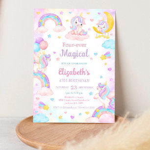 Four Ever Magical Unicorn Rainbow 4th Birthday  Invitation