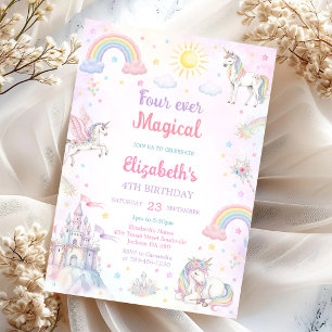 Four Ever Magical Unicorn Rainbow 4th Birthday Invitation
