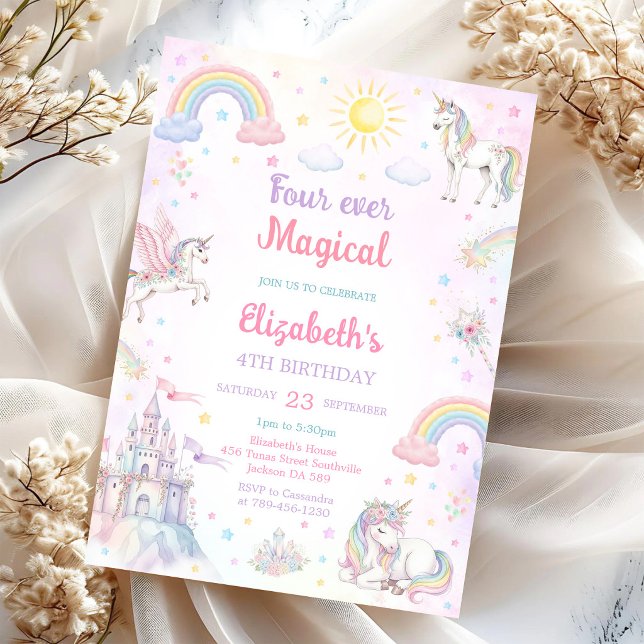 Four Ever Magical Unicorn Rainbow 4th Birthday Invitation (Creator Uploaded)