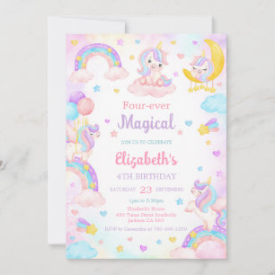 Four Ever Magical Unicorn Rainbow 4th Birthday  Invitation