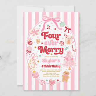 Four Ever Merry Christmas Bow 4th Birthday Invitation