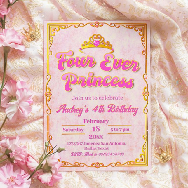 Four Ever Princess - Girl 4th Birthday Invitation (Four Ever Princess - Girl 4th Birthday Invitation)