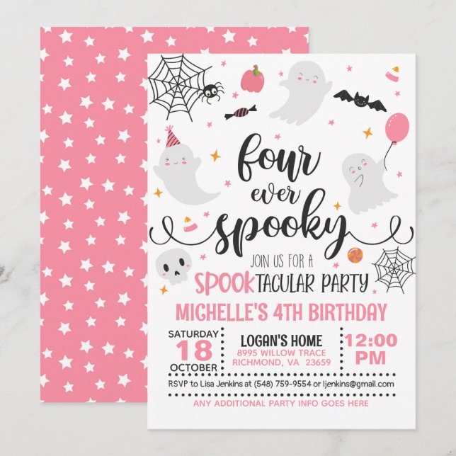 Four Ever Spooky Birthday Invitation - Girl (Wh/P) (Front/Back)
