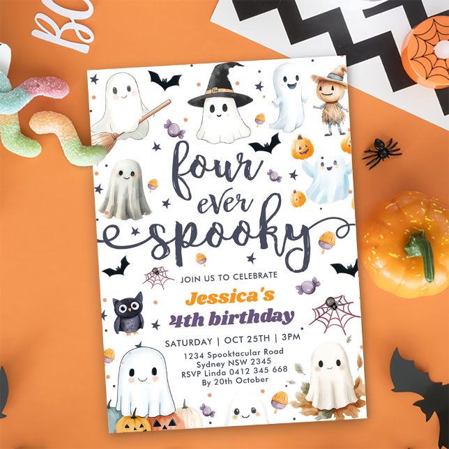 Four Ever Spooky Cute Halloween Ghost 4th Birthday Invitation (Creator Uploaded)