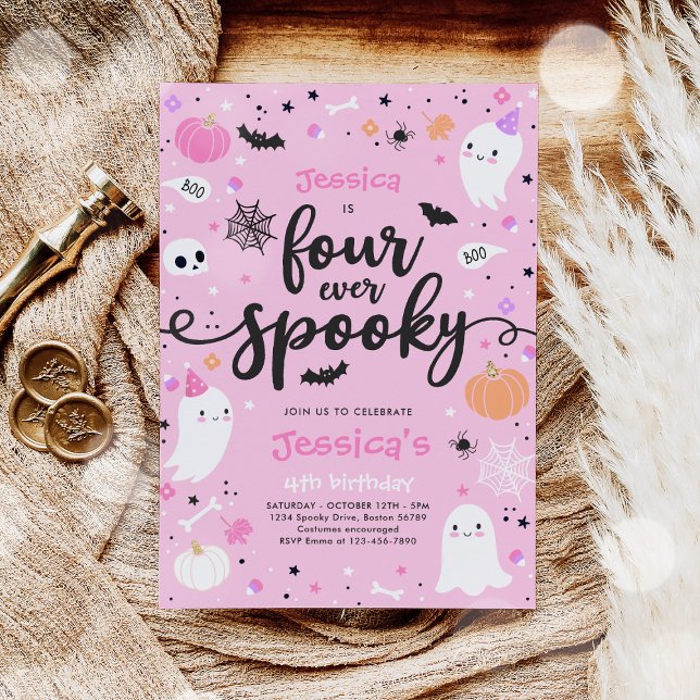 Four Ever Spooky Cute Halloween Ghost 4th Birthday Invitation (Creator Uploaded)