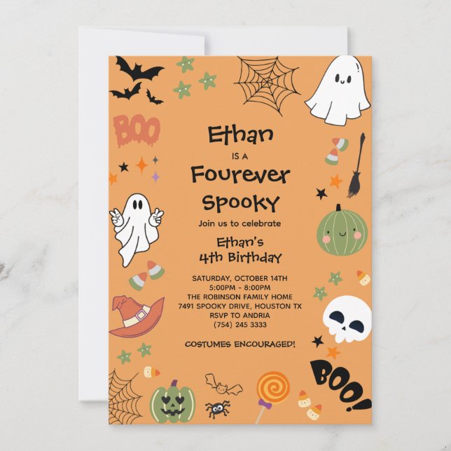 Four Ever Spooky Ghost Halloween 4th Birthday Invitation (Front)