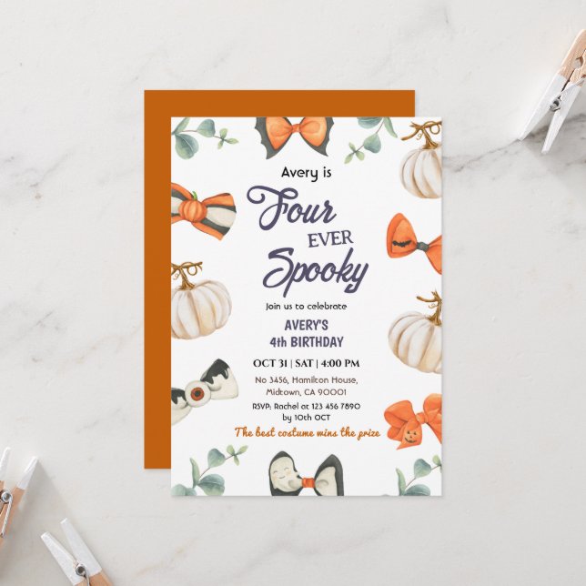 Four ever Spooky Halloween Birthday Pumpkin Bow Invitation (Front/Back In Situ)