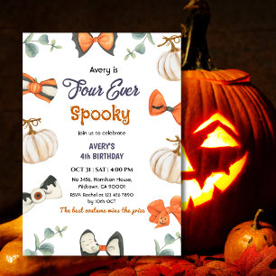 Four ever Spooky Halloween Birthday Pumpkin Bow Invitation