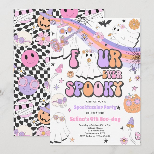 Four Ever Spooky Halloween Groovy Ghost Birthday Invitation (Front/Back)