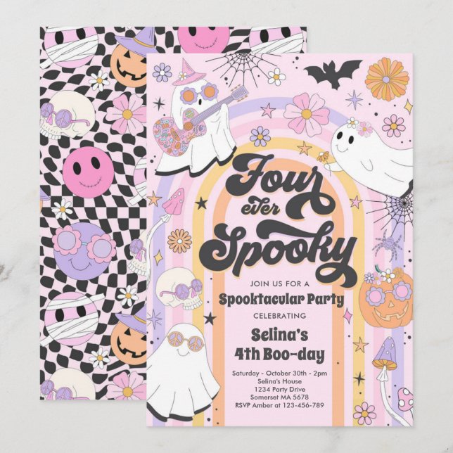 Four Ever Spooky Halloween Groovy Ghost Birthday Invitation (Front/Back)