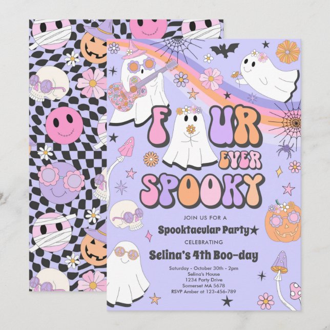Four Ever Spooky Halloween Groovy Ghost Birthday Invitation (Front/Back)