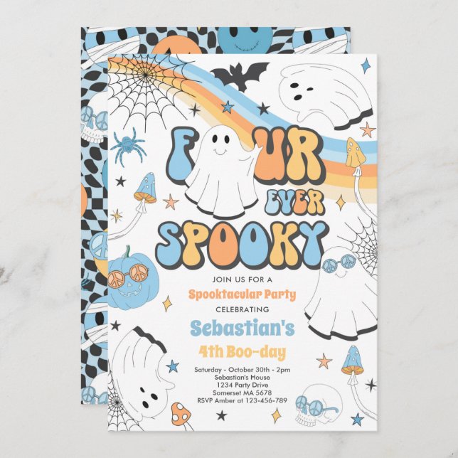 Four Ever Spooky Halloween Groovy Ghost Birthday Invitation (Front/Back)