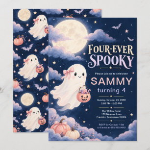 Four-ever Spooky Pink Ghost 4th Birthday Invitation