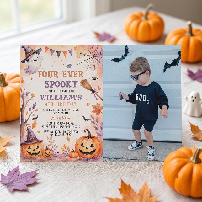 Four-ever Spooky Pumpkin Ghost Birthday Invitation (Creator Uploaded)