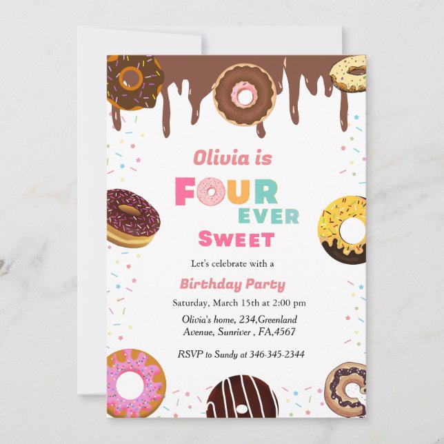 Four ever sweet birthday, sweet 4Th doughnut theme Invitation (Front)