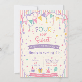 Four ever sweet pastel macarons 4th birthday invitation