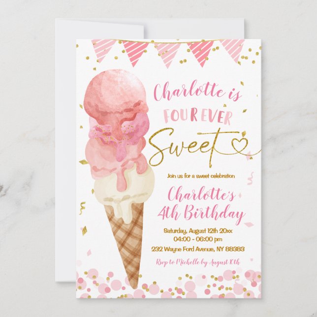 Four Ever Sweet Pink Ice Cream Fourth Birthday Invitation (Front)