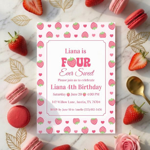 Four Ever Sweet Pink Strawberry Girl 4th Birthday  Invitation
