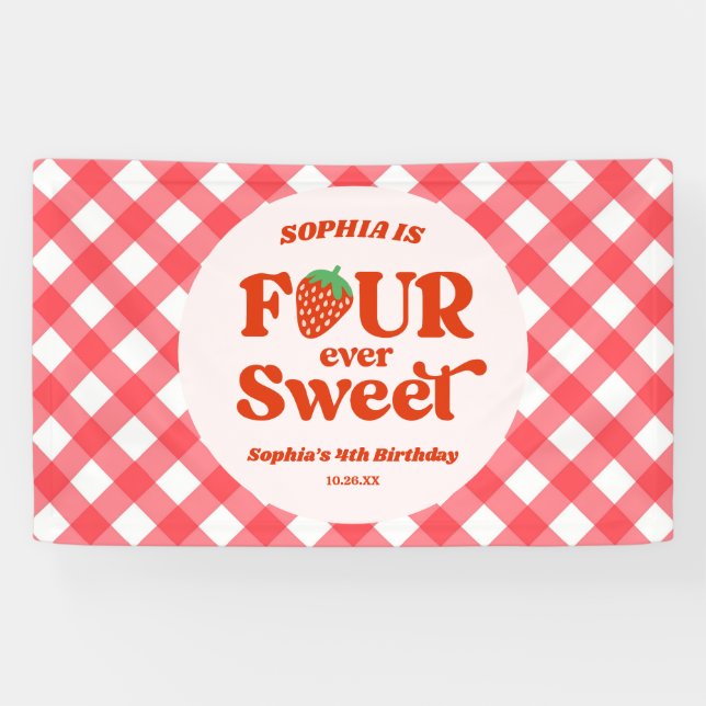 Four Ever Sweet Strawberry 4th Birthday Party Banner (Horizontal)
