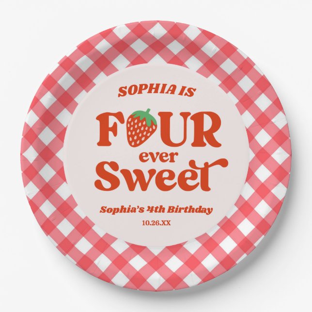 Four Ever Sweet Strawberry 4th Birthday Party Paper Plate (Front)