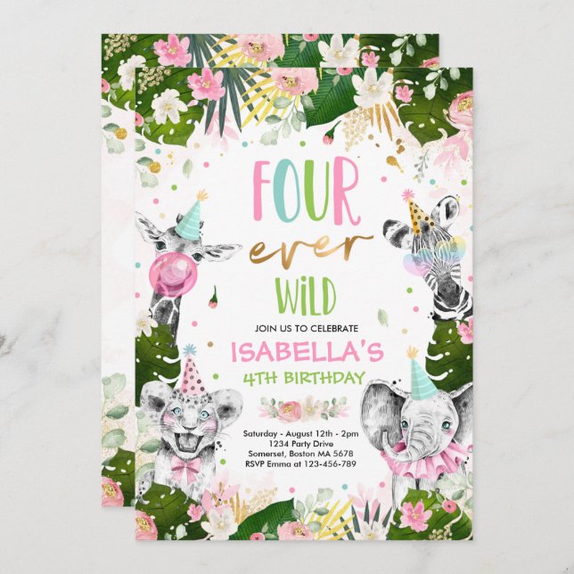 Four Ever Wild 4th Birthday Safari Animals Party Invitation (Front/Back)