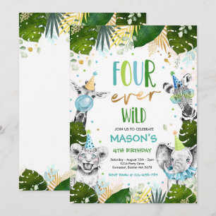 Four Ever Wild 4th Birthday Safari Animals Party Invitation