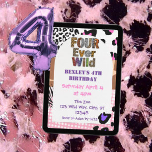 Four Ever Wild Animal Print Girls Birthday Invitation