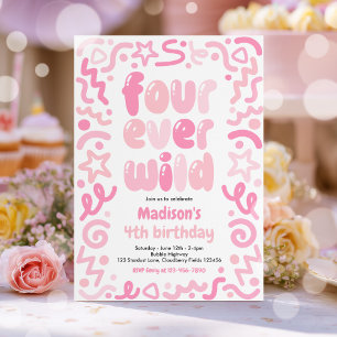Four Ever Wild Confetti Balloon 4th Birthday  Invitation
