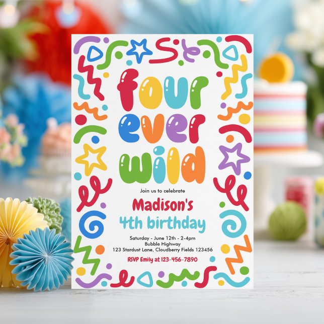 Four Ever Wild Confetti Balloon 4th Birthday  Invitation (Creator Uploaded)
