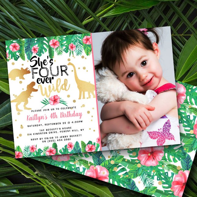 Four Ever Wild Dinosaur Girls 4th Birthday Photo Invitation (Creator Uploaded)