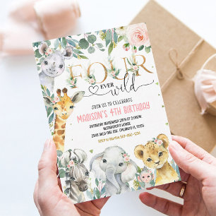 Four ever wild Gold Jungle Safari Animals Birthday Invitation