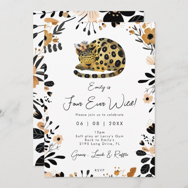 four ever wild leopard 4th birthday invitation (Front/Back)