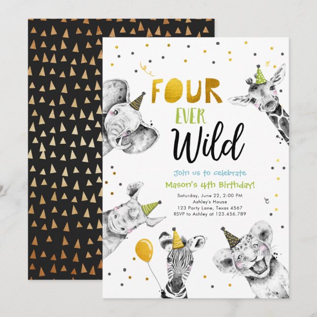 Four Ever Wild Party Animals Safari Boy Birthday I Invitation (Front/Back)