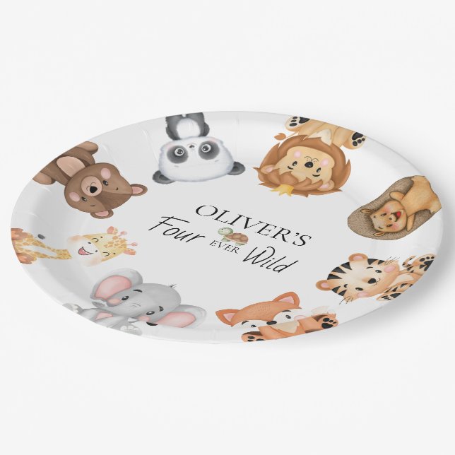 Four ever wild safari 4th birthday paper plate (Angled)