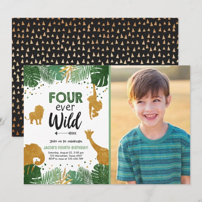 Four Ever Wild Safari Animal Boy Birthday Invitation (Front/Back)