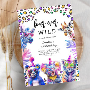 Four Ever Wild Safari Animals 4th Birthday  Invitation