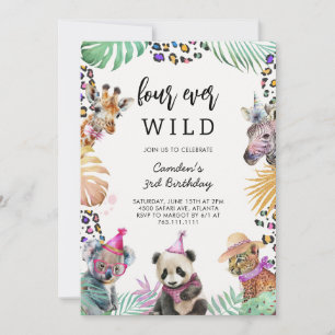 Four Ever Wild Safari Animals 4th Birthday Invitation