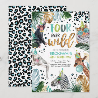 Four Ever Wild Safari Animals 4th Boy Birthday Invitation