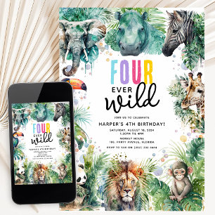 Four Ever Wild Safari Animals Cool 4th Birthday Invitation
