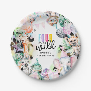 Four Ever Wild Safari Animals Cool 4th Birthday Paper Plate