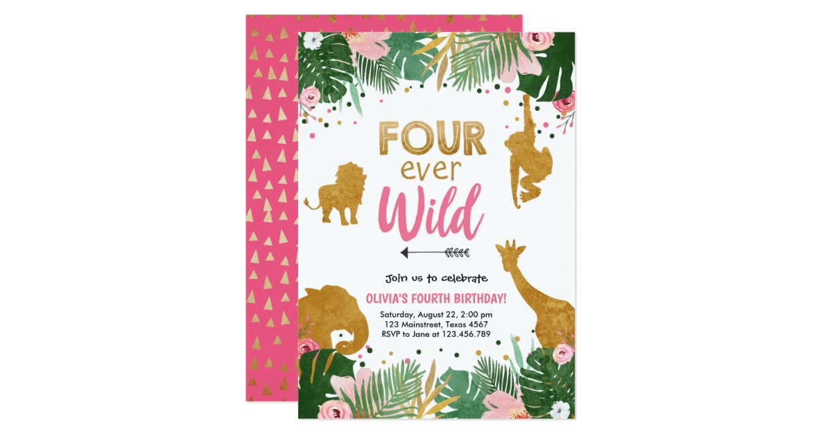 Download Four Ever Wild Safari Animals Girl Birthday Invitation ...