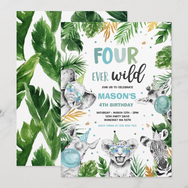 Four Ever Wild Safari Birthday Party Animals Invitation (Front/Back)