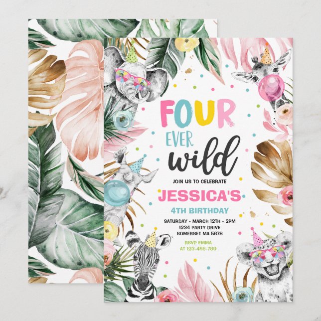 Four Ever Wild Safari Birthday Party Animals Invitation (Front/Back)