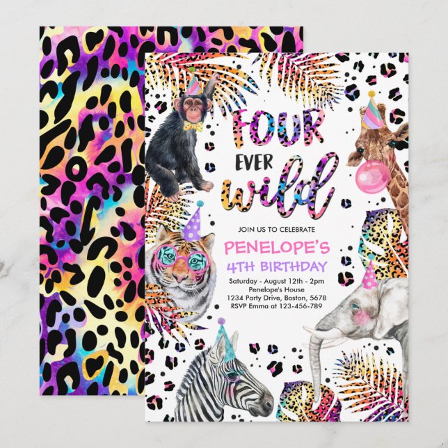 Four Ever Wild Safari Rainbow Cheetah 4th Birthday Invitation (Front/Back)