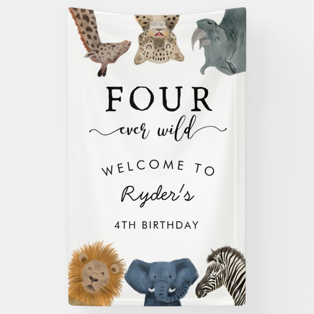 Four Ever Wild Safari Theme Boy's 4th Birthday Banner (Vertical)