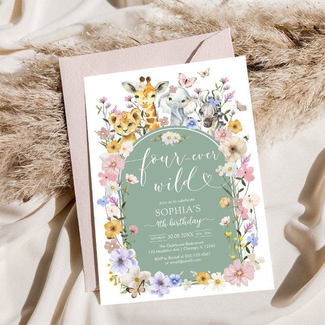 Four Ever Wild Wildflower Animal 4th Birthday Invitation (Creator Uploaded)